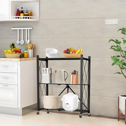 3 Tier Foldable Storage Shelf with Wheels Garage Shelving - color: Black, size: 3 Tier