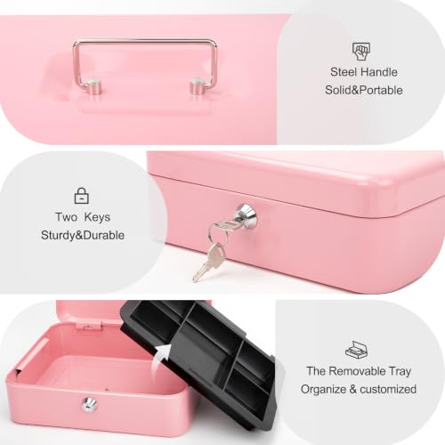 Jssmst Cash Box with Tray - Pink Money Box with Key Lock, Money Saving Box Lock Box, 9.84'' x 7.87'' x 2.6'', SM-CB00125PK - color: Pink, size: L(9.84")