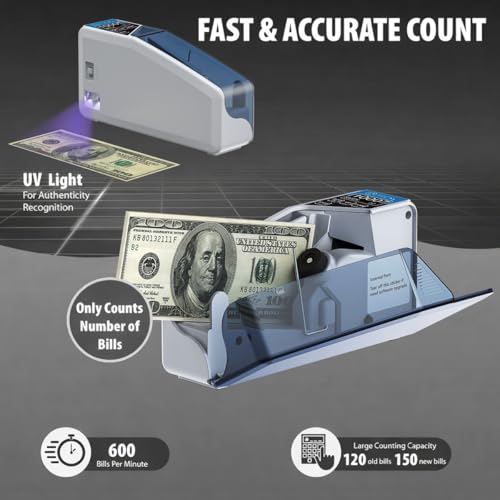 DETECK DT5S Portable Money Counter Machine with Counterfeit Detection UV/WM - Handy Currency Counting Quantity of Bills only, for Small Cash Counting Machine - style: DT5S 4 AA Batteries Required
