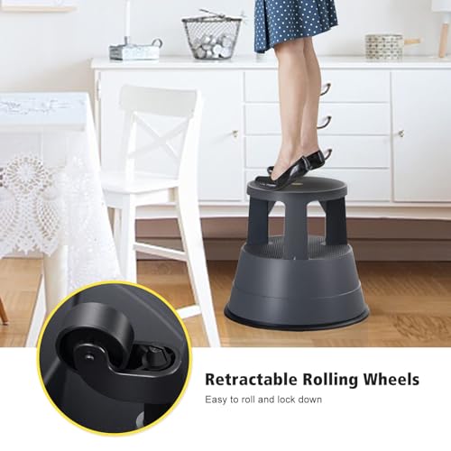 LDAILY Rolling Step Stool, Round Rolling Stool with Wheels Max Load 350 lbs, Non-Slip & Locking Platform, Small Plastic Library Step Stools for Adults & Seniors, Ideal for Kitchen, Home Office, Garage
