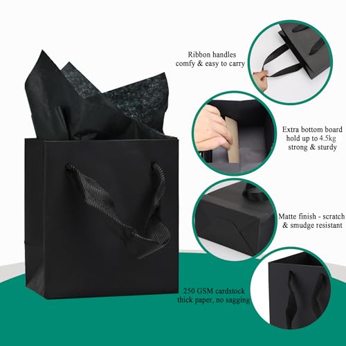 Aosric Black Gift Bags with Tissue Paper, 30 Pack, 5x3x8 Inch - color: Black