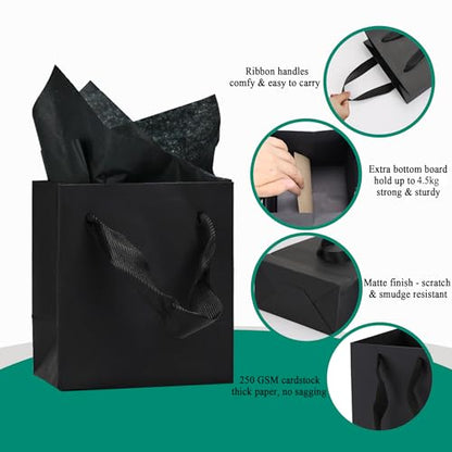 Aosric Black Gift Bags with Tissue Paper, 30 Pack, 5x3x8 Inch - color: Black