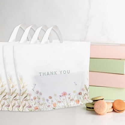 Purple Q Crafts Thank You Bags for Business and Stores 50 Pack 15" W x 12" H Floral Plastic Shopping Bags With Soft Loop Handle - size: 15" x 12"
