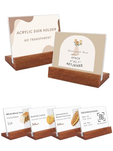 6 Pack Small Acrylic Sign Holder with Wood Base 3.94x2.76 Inch, L-Shape - size: 3.94*2.76