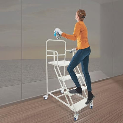 4 Step Rolling Stairs with Wheels, Heavy Duty Industrial & Warehouse Ladder, 881LBs Capacity Mobile Work Platform with Non-Slip Pedals & 3-Sided Handrails, Easy Move & Locking PU Wheels (39.4" H)