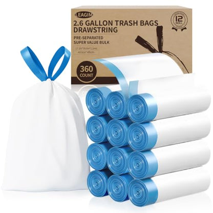 Small Trash Bags 2.6 Gallon, 360 Count -1.2 Mil Drawstring Mini Garbage Bags, Plastic White Trash Can Liners for Bathroom Accessories, 10 Liter, Bedroom, Dorm Room Essentials, Office - color: 2.6gal-360
