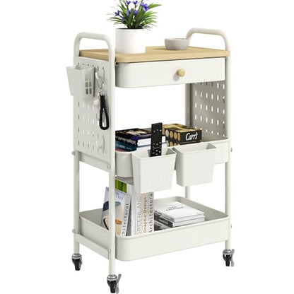 danpinera Rolling Utility Cart with Drawer, 3 Tier Rolling Cart with Wheels, Hooks & Hanging Cups, Craft Cart Art Cart Snack Cart Rolling Storage Cart with Wooden Table Top & DIY Pegboards, White - color: Ivory