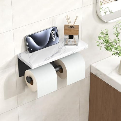 FORIOUS Double Marble Toilet Paper Holder with Phone Shelf, Mattle Black - color: Matte Black, size: Double Roll