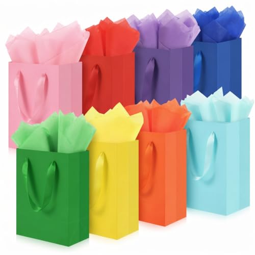 WrapNGo Gift Bags with Handles, 8 Colors with Tissue Paper 8x5x10 Inch - color: 8 Colors-8x5x10 Inch