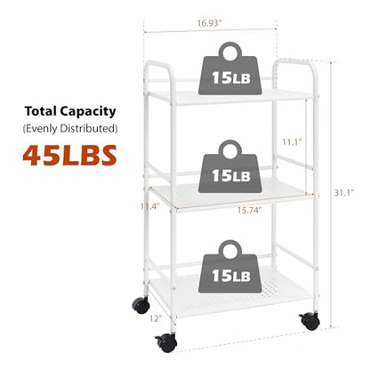SunnyPoint 3-Tier Rolling Utility Cart – Metal Storage Organizer with Wheels, Mobile Kitchen Cart, Office & Home Organizer, White, 12" D x 16.92" W x 31.1" H - color: Wht