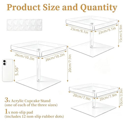 3 Pcs Clear Acrylic Dessert Stand Set, 3 Sizes Cupcake Display Stands for Wedding Birthday Party, Treats Buffet Risers for Cupcakes Cake Pastry Food