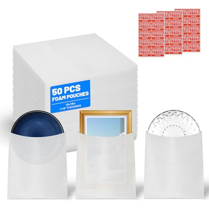 Large Thickened Cushion Foam Pouches, 50 Pack, 16×16 in, 1/14" (1.8 mm) Thick + 30 Fragile Labels, Reusable Moving Packing Supplies for Dishes, Plates & Fragile Items