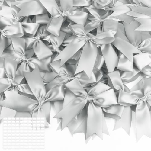 Silver Bows 60Pcs 3.5Inch Pre-Tied Satin Ribbon Bows with Adhesive Dots - color: Silver, size: 60 PCS