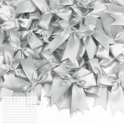 Silver Bows 60Pcs 3.5Inch Pre-Tied Satin Ribbon Bows with Adhesive Dots - color: Silver, size: 60 PCS