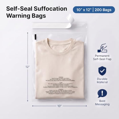 10” X 12” (200 Count) Self Seal Clear Poly Bags with Suffocation Warning - size: 10" x 12"