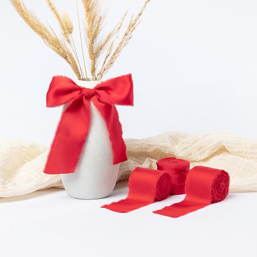 Keypan Christmas Red Frayed Satin Chiffon Ribbon, 1.5 Inches, 21 Yards - color: Red