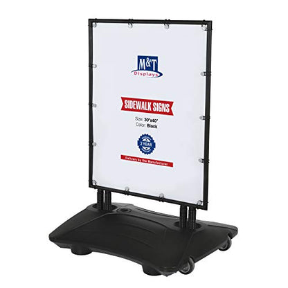 M&T Displays SwingPro 30x40 Inch Outdoor Sidewalk Sign Holder with Water Base, Weather Resistant Aluminum Banner Frame, Pavement Curb Display Stand, Black for Business Advertising, Restaurant Menu