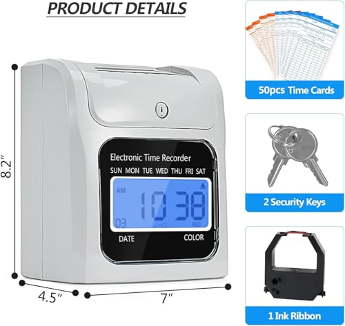 TooCust Employee Time Clocks for Small Business, Auto-Align Time Clock Punch Machine with 50-Piece Time Cards, Two Security Keys, and One Ink Ribbon Cartridge - style: TC50CARDS