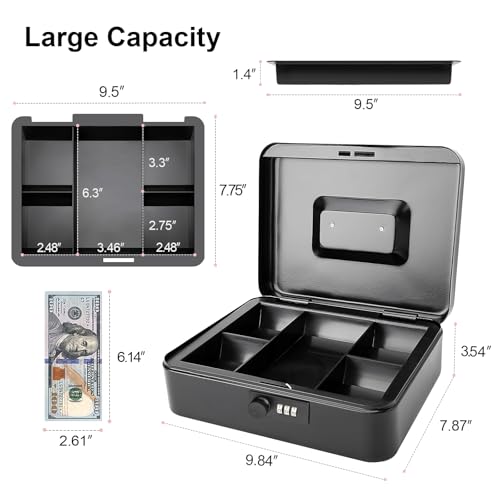 Jssmst Large Cash Box with Combination Lock – Durable Metal Cash Box with Money Tray Black(9.8 x 7.9 x 3.5), SM-CB07001L - color: Black, size: Large