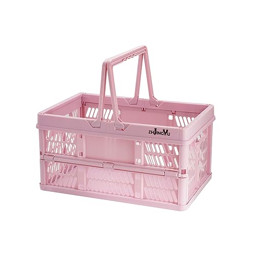20L Pink Foldable Plastic Storage Crate Collapsible Shopping Basket - color: Pink, size: 14.96"x9.84"x7.87"