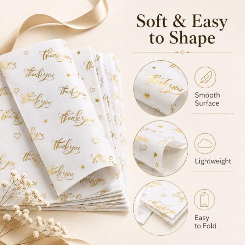 ROVIBIOBIO Thank You White Tissue Paper, 100 Sheets, 20 x 14 Inch - color: Gold White