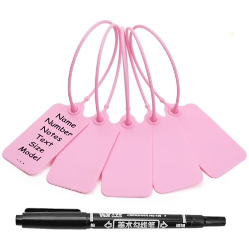 50 Pink Blank Plastic Tags for Labeling Waterproof Hanging Labels Writable Tags Seal Plastic Marking Label for Clothes Bags Keys Inventory with One Marker Pen - color: Pink, size: 50 PCS