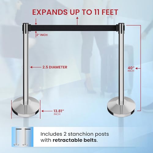 Crowd Control Warehouse Retractable Belt Stanchion Barriers, 2 Pack, 11 Ft - color: Black Belt, Polished Stainless Steel Post