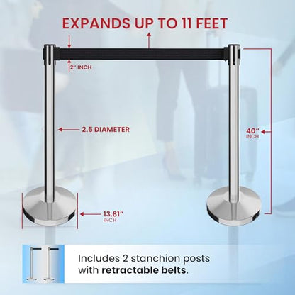 Crowd Control Warehouse Retractable Belt Stanchion Barriers, 2 Pack, 11 Ft - color: Black Belt, Polished Stainless Steel Post
