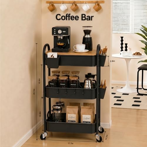 3 Tier Metal Heavy Duty Rolling Cart with Wheels & Wood Table Top, Black - color: Black