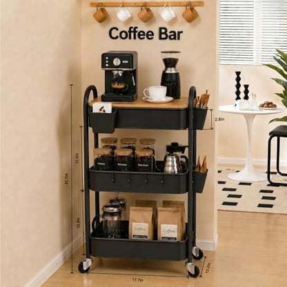 3 Tier Metal Heavy Duty Rolling Cart with Wheels & Wood Table Top, Black - color: Black