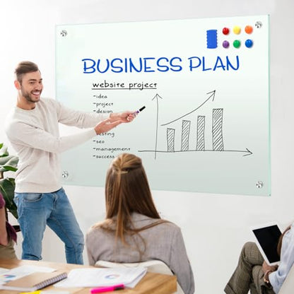 H-Qprobd Glass Whiteboard 60"x40" Magnetic Dry Erase White Board for Wall, Includes 12 Magnets, 8 Markers and 2 Erasers - size: Glass 60"x40"