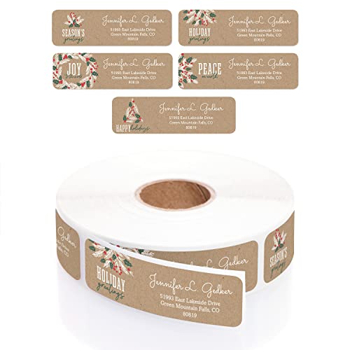 Holiday Faux Kraft Rolled Address Labels/Roll of 500 Personalized Return Address Labels/Designer Return Address Stickers in Elegant Plastic Dispenser - size: 500 Labels, style: Holiday Faux Kraft