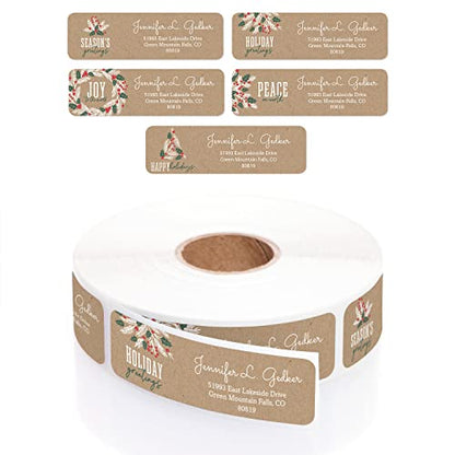 Holiday Faux Kraft Rolled Address Labels/Roll of 500 Personalized Return Address Labels/Designer Return Address Stickers in Elegant Plastic Dispenser - size: 500 Labels, style: Holiday Faux Kraft
