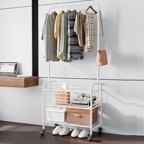 SUOERNUO Laundry Cart with Basket Hanging Rack Sorter with Wheels Shelf - color: White