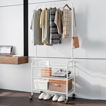 SUOERNUO Laundry Cart with Basket Hanging Rack Sorter with Wheels Shelf - color: White