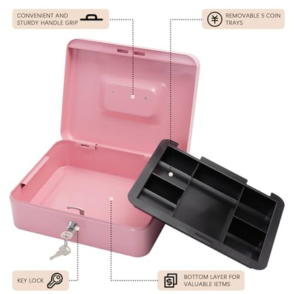 Steel Cash Box with Key Lock, Metal Small Money Organizer with Money Tray,Cash Storage Box with Lockable Cover (Pink - 9.8" x 7.8" x 3.3") - color: Pink - 9.8" x 7.8" x 3.3"