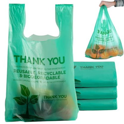 Pack of 500 T-Shirt Bags with Handles 22" x 12" Biodegradable Green Plastic Shopping Thank You Bags for Supermarket Groceries Retail Store Restaurant Small Business and On The Go Use - style: 500 pcs