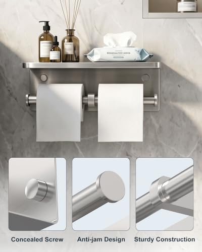 Double Toilet Paper Holder with Shelf Brushed Nickel Tissue Roll Holder - color: Brushed Nickel