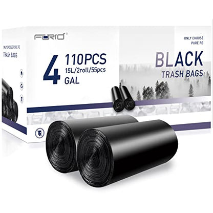 FORID Small Black 4 Gallon Trash Bags, 110 Count, Unscented, Durable PE Material, Leak-proof, Fits 11.3" Diameter Cans, Ideal for Bathroom, Kitchen, Office - size: 4 Gal (110 Count)