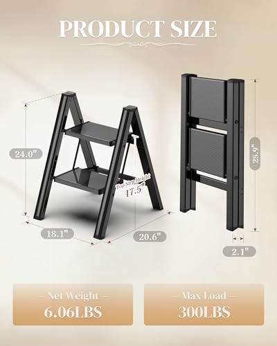 2 Step Ladder, Foldable Aluminum Step Stool with Anti-Slip Pedal - color: Black, size: 2 Step