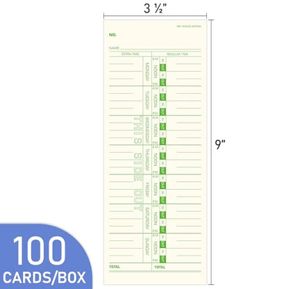 Weekly Time Cards 1-Sided, 3-1/2" x 9", Named Days, 100-Count,Time Cards for Employees, Green Print, Timecards for Time Clocks
