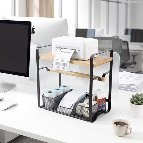 Label Holder for Thermal Printer - Sticker Roll Dispenser with Drawer - Shipping Lable Holder for Rolls and FanFold Labels - Thermal Printer Stand for Home, Office, Small Business (Bamboo-Black) - color: Black