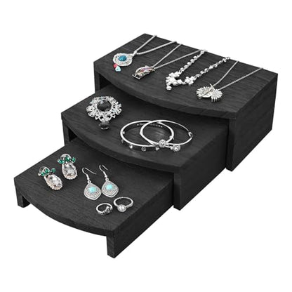 MOOCA 3-Piece Wood Hexagon Jewelry Display Stand Risers for Accessories - color: Black