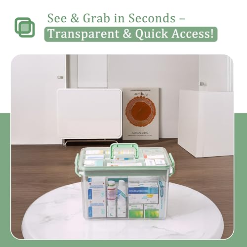 15QT Medicine Storage Box - Portable Medicine Cabinet Organizer with Handle - color: Green