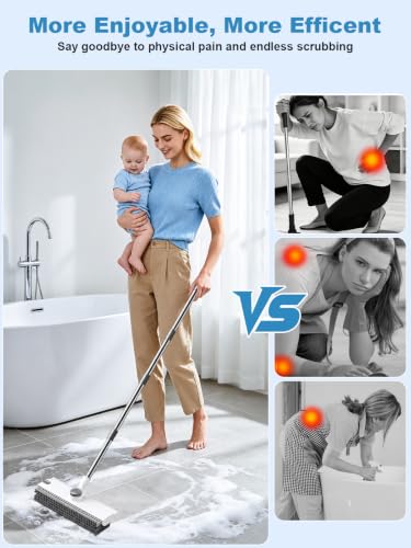 Floor Scrub Brush with Long Handle, 4 in 1 Shower Scrubber with Floor Squeegee and Heavy-Duty Stiff Bristle Push Broom for Cleaning Shower Bathroom Patio Pool Kitchen Wall Deck Tile Garage - color: White