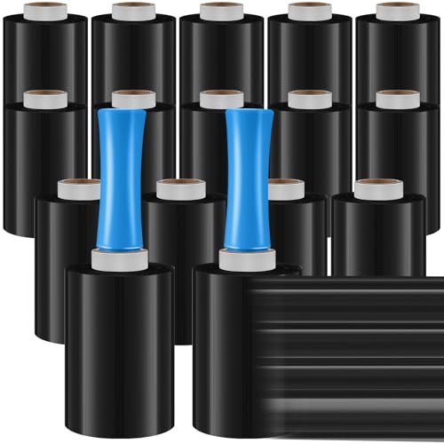Jutom 16 Pcs Mini Stretch Film Industrial Shrink Wrap Roll Plastic Film for Moving 2 Handles 5" x 1000 ft Pallet Wrap Packaging Self Adhering Shipping for Moving Furniture Packing (Black,Blue) - color: Black