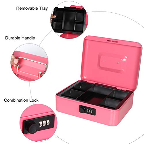 Cash Box with Money Tray, Parrency Large Money Box with Combination Lock, 9.8 x 7.9 x 3.5 inches, Pink - color: Combo Pink, size: Large（9.84")