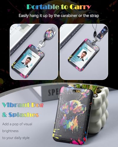 Uniclife Fashionable Sliding Badge Holder Cute Dog Plastic Case with Retractable Badge Reel Carabiner Clip & Detachable Lanyard Strap Vertical Card Protector for Women Nurse Teacher Student - color: Paint Dog