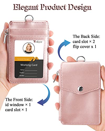 Teskyer Leather ID Badge Holder with Lanyard, Lanyard Wallet, Rose Gold - color: Rose Gold, size: 3.1" x 4.7"