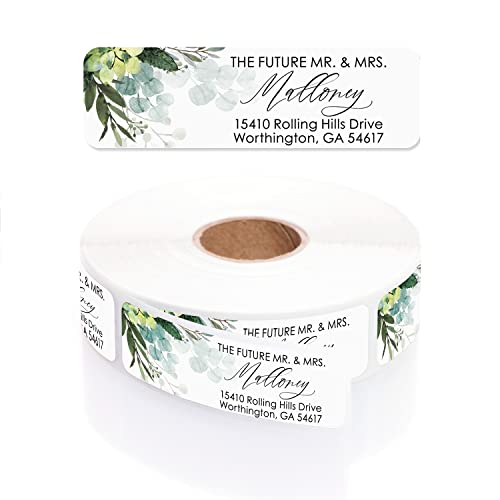 Future Mr and Mrs Greenery Rolled Address Labels / 250 Personalized Return Address Labels/Designer Address Stickers in Elegant Plastic Dispenser - size: 250 Labels, style: The Future – Greenery